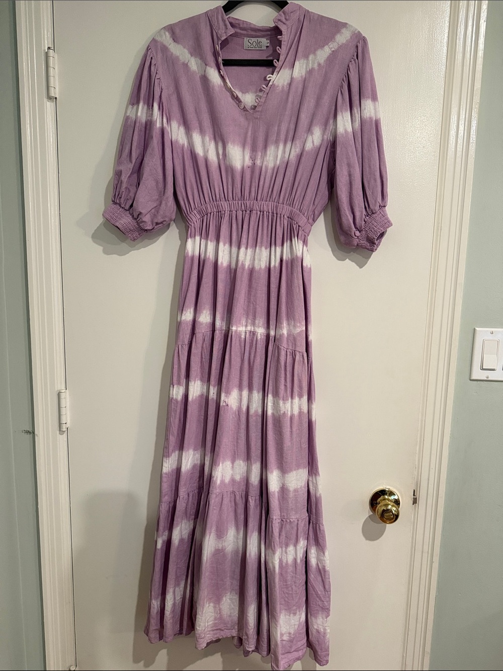 Lavender & White Tie-Dye Maxi Dress with Elastic Waist